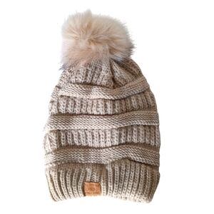 Page One Pom-Pom Beanie Cream‎ / Beige Hat Cozy Chunky Cable Knit